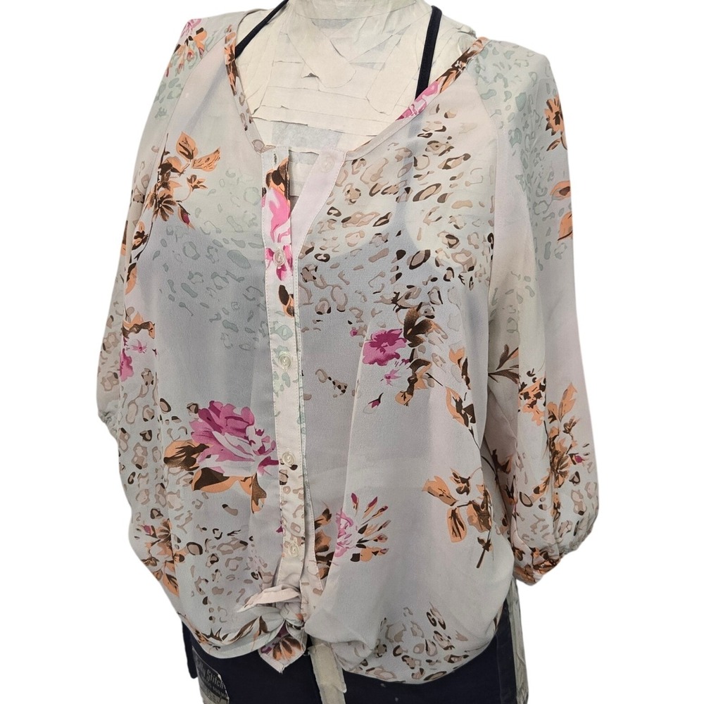 Charlotte Russe Vintage Y2K Blouse Womens Medium Sheer Floral Tie Front USA Made